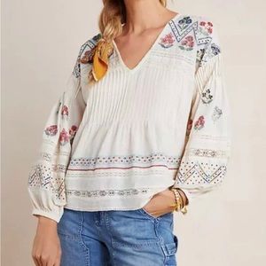 By Anthropologie Cream Kayla Embroidered Peasant Top Size 1X